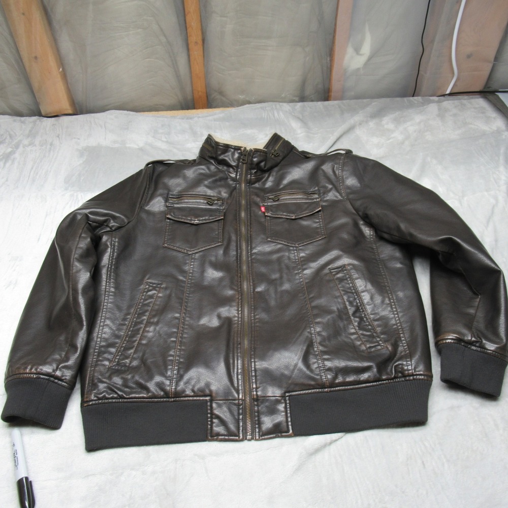 Levis Aviator Bomber Jacket Mens XL Brown Faux Leather Sherpa Lined Insulated